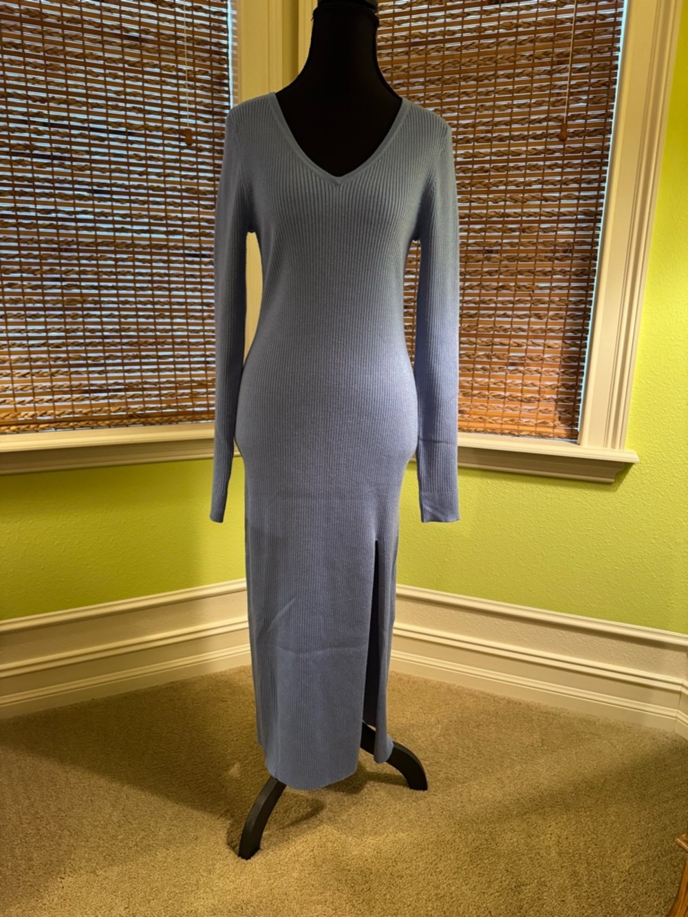 Song of Style Light Blue Ribbed V-Neck Long Sleeve Maxi Dress